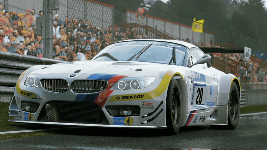 White BMW Z4 GT3 E89 racing in Project Cars 4k wallpaper motorsport event action background