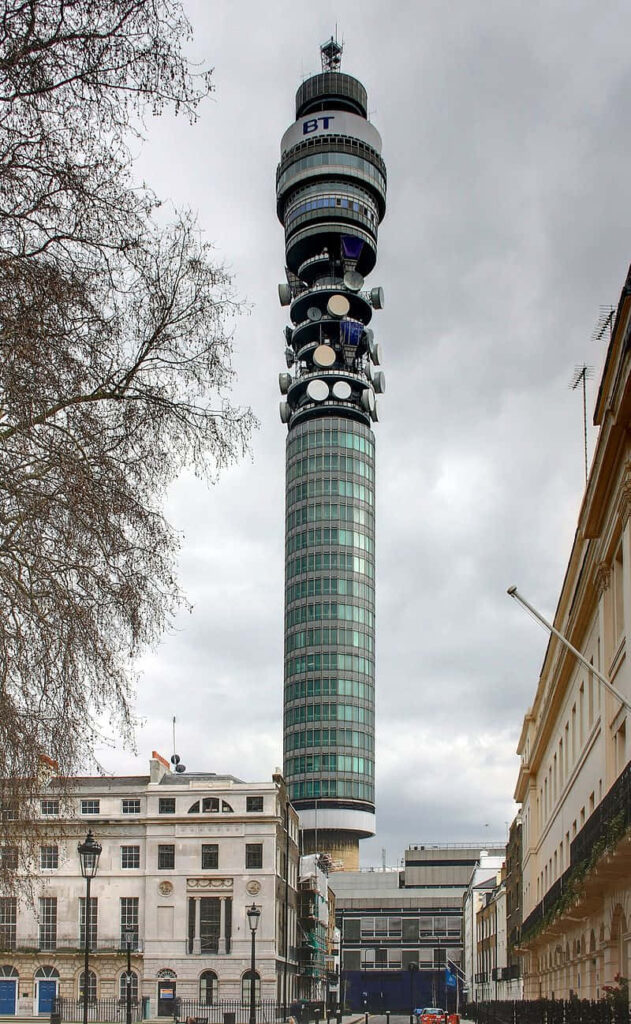 BT Tower towering over elegant city buildings under a dramatic silver grey urban skyline wallpaper