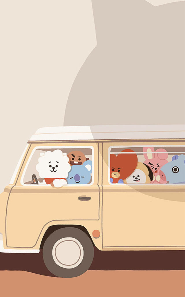 BTS BT21 Squad Embarks on an Animated Adventure Inside a Colorful Minivan Wallpaper