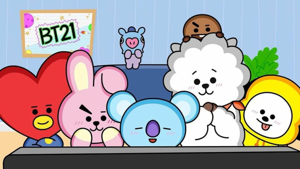 BT21 wallpaper featuring Tata Cooky Koya RJ Chimmy Shooky Mang vibrant colorful background
