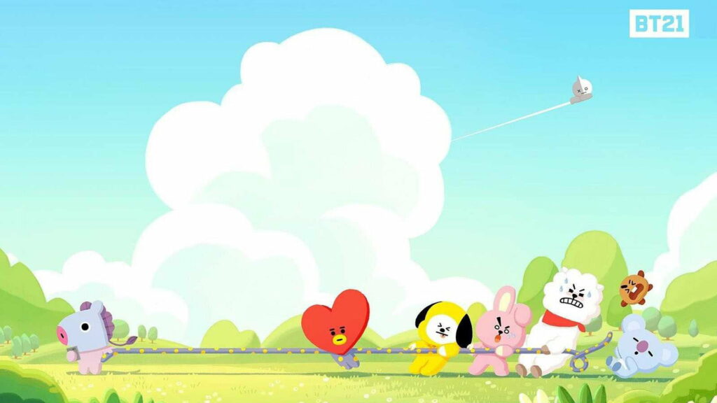 BT21 characters Mang Tata Chimmy Cooky RJ Koya Shooky tug-of-war in sunny meadow wallpaper