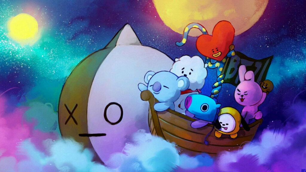 BT21 characters sail a wooden boat through magical nebula night sky with colorful clouds Wallpaper
