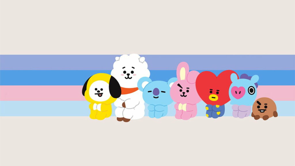 BT21 characters Chimmy RJ Koya Cooky Tata Mang Shooky on pastel striped digital wallpaper background
