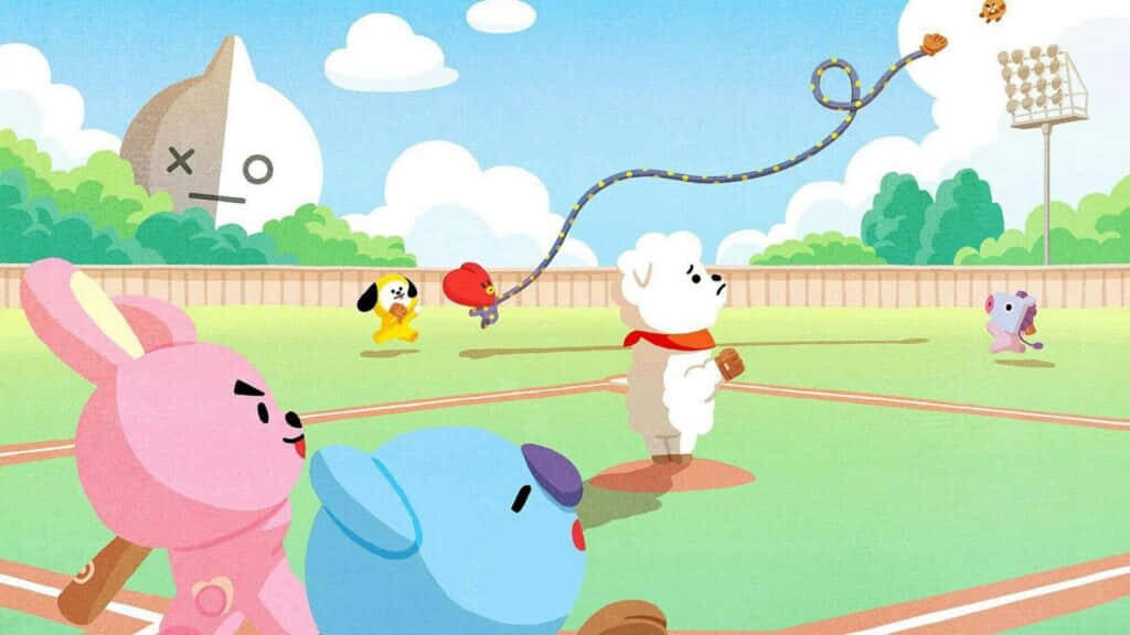 BT21 All-Star Lineup Takes Over the Baseball Field: A Vibrant 4K Snapshot with a Surprise Van Concealed in the Scenic Landscape Wallpaper