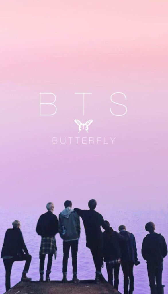 Serenade in Pink: A Stunning BTS Anime Poster of Butterfly with Members Facing Away on a Pink Gradient Background Wallpaper