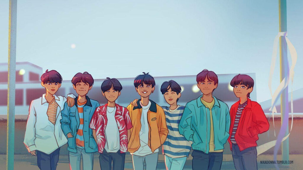 BTS Anime: A Laid-back Photoshoot with the Members, Capturing the Essence of a Casual Fashion Style, with a Scenic Background Wallpaper