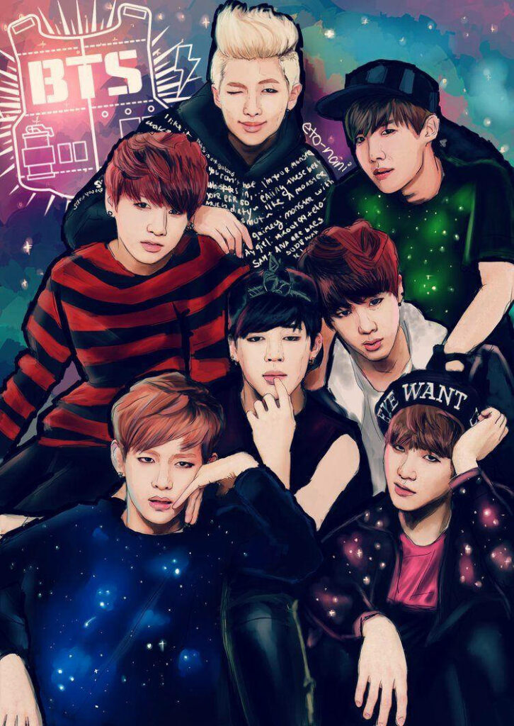 K-Pop's Stellar Squad Strikes a Pose: BTS Anime Members Showcase Cosmic Charm with Emblematic Backdrop Wallpaper