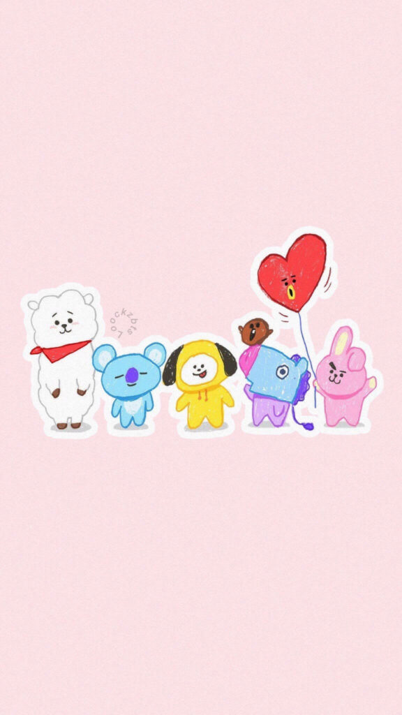 BTS BT21 Characters Unite in a Colorful Lineup on a Dreamy Pink Digital Art Background Wallpaper