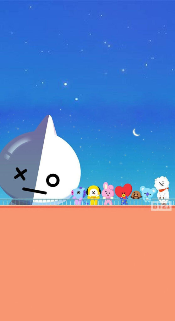 Nighttime Rooftop Hideout: BTS BT21 Characters Embrace the Urban Skyline Wallpaper