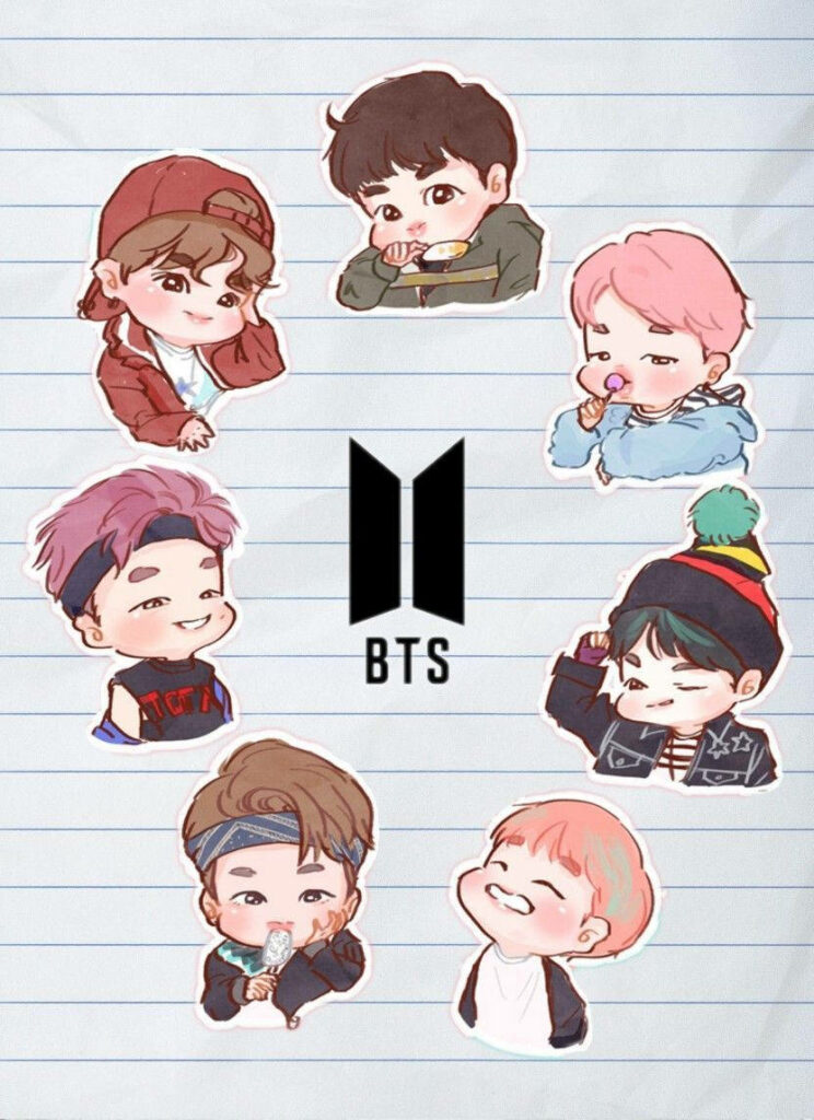 BTS Members Unite in Animated Joy, Embracing Their Iconic Logo on a Whimsical Paper Backdrop Wallpaper