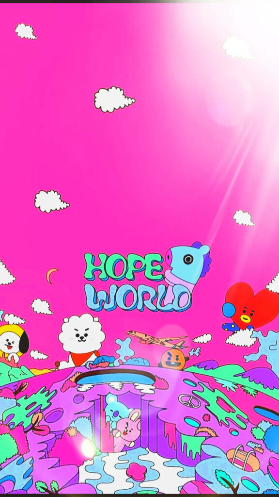 BTS Cartoon Dreamland: Exploring BT21's Vibrant Universe in a Pink Wonderland Wallpaper
