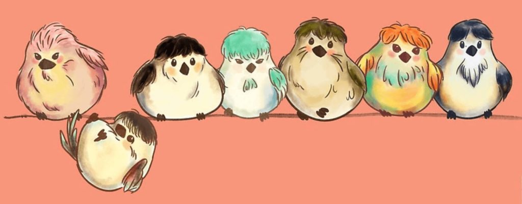 BTS cartoon wallpaper seven cute round birds with unique hairstyles on peach background digital art