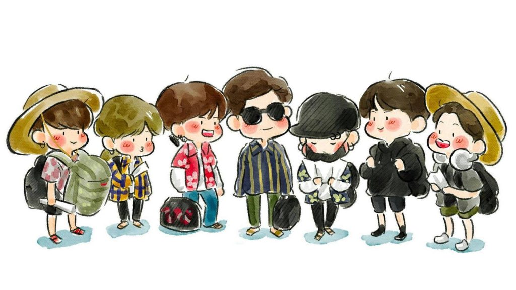 Chibi BTS cartoon characters in casual travel outfits with backpacks in watercolor style wallpaper