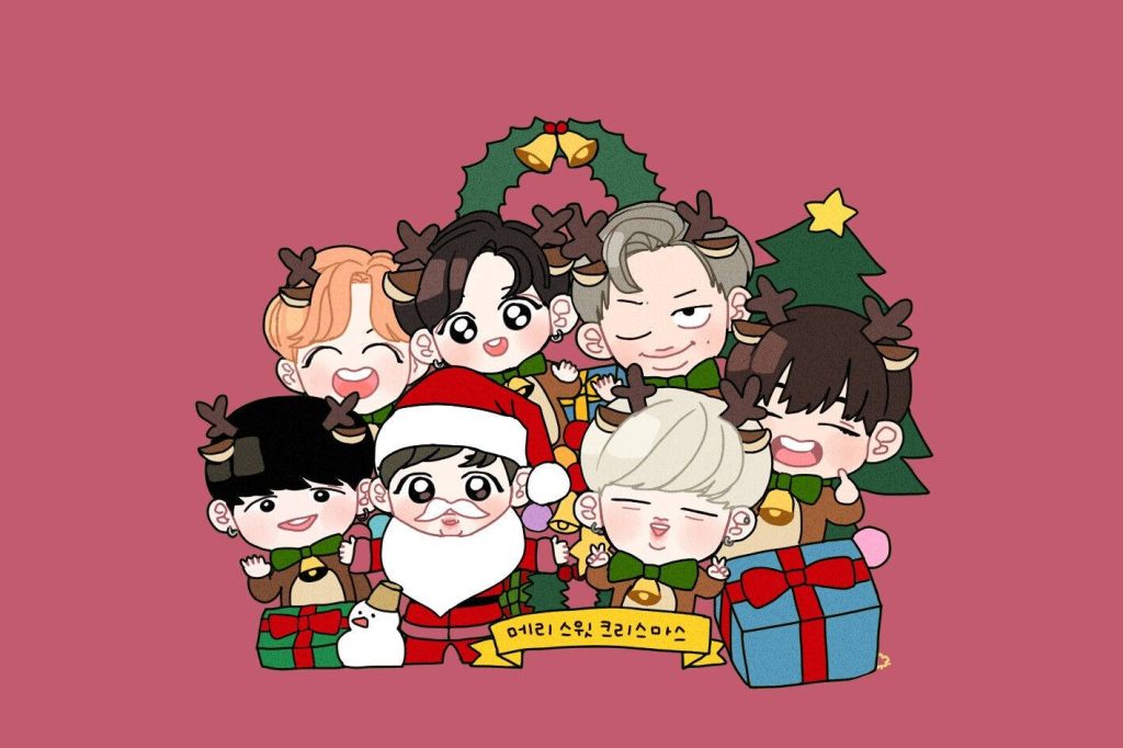 BTS chibi Christmas wallpaper with K-pop members in Santa outfits and reindeer antlers festive scene