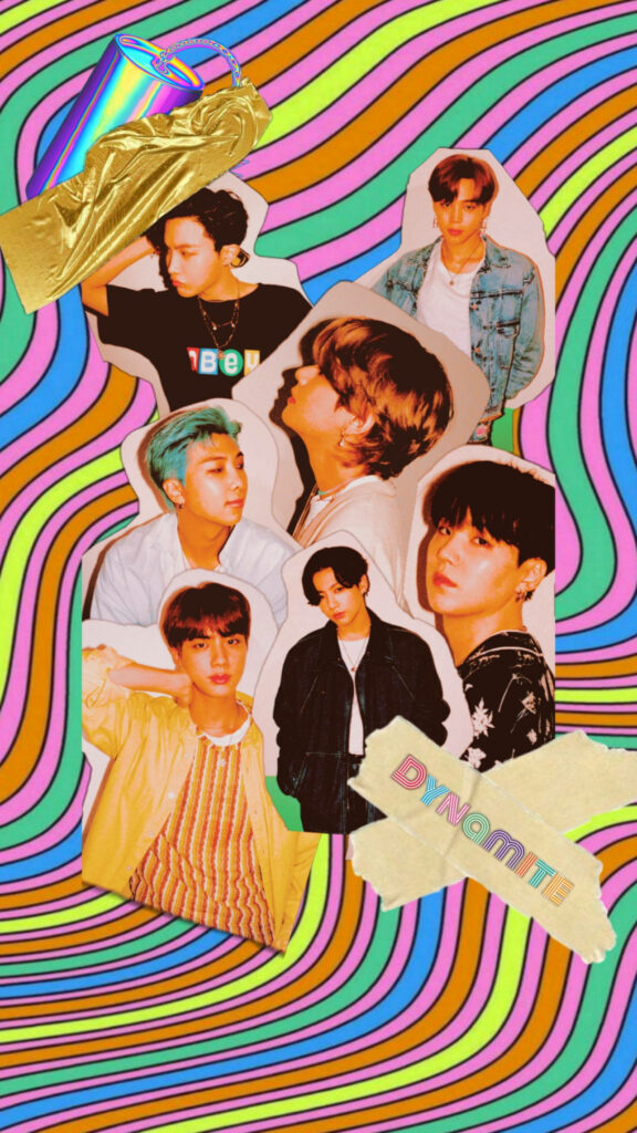 Dynamite Delight: Vibrant Collage Celebrating Individual BTS Members against Colorful Waves Wallpaper