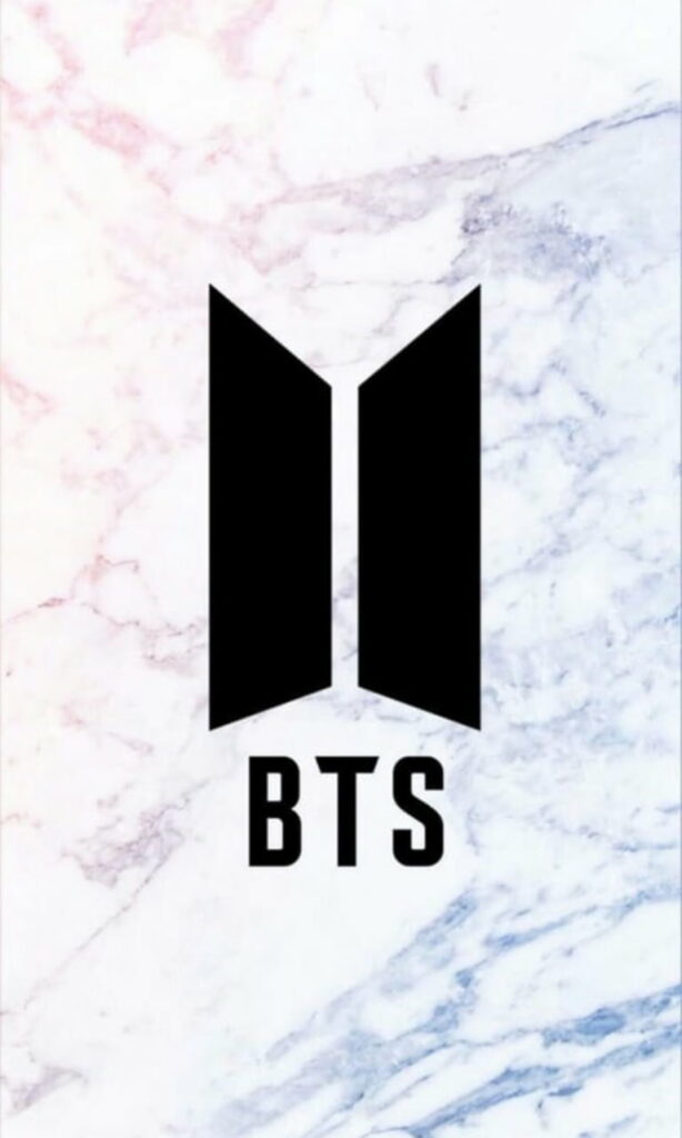 Minimalist BTS wallpaper with official logo on pink and blue marble background for ARMY fans