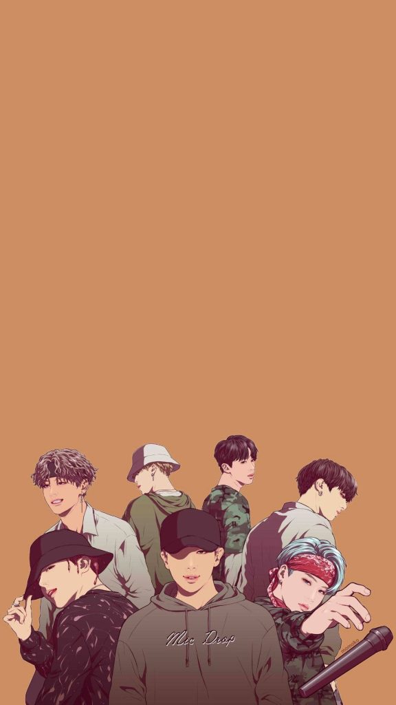 Digital illustration of BTS in Mic Drop streetwear holding microphone on tan background wallpaper