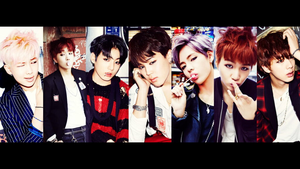 Vibrant BTS wallpaper collage featuring RM J-Hope Jungkook Jimin V Suga and Jin in edgy style