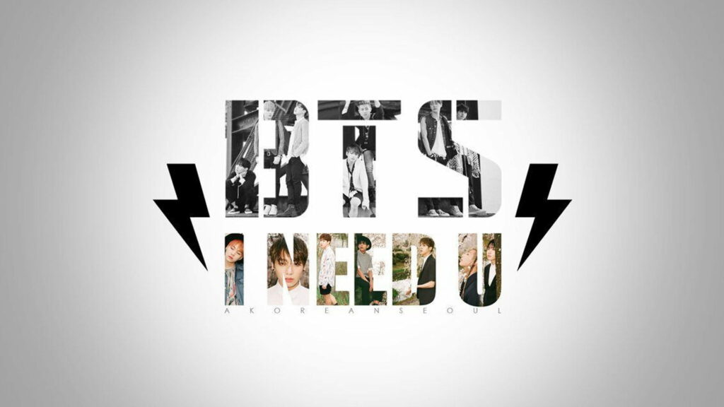 BTS I Need U wallpaper with members inside BTS typography and black lightning bolts background