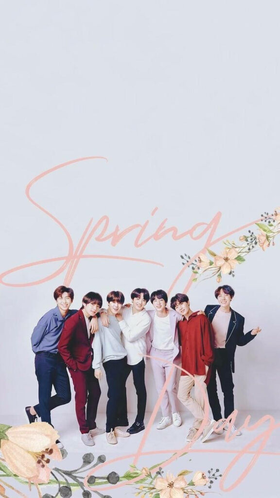 BTS Radiates Joy on a Clean Lock Screen with 'Spring Day' Text Wallpaper