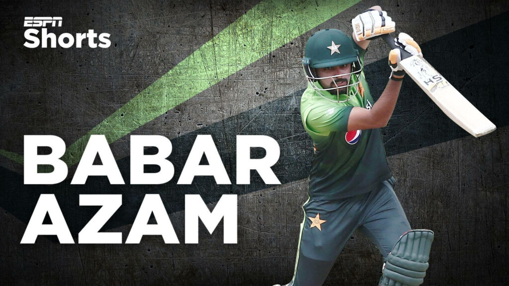 Babar Azam batting in Pakistan jersey Asia Cup poster with textured dark background wallpaper