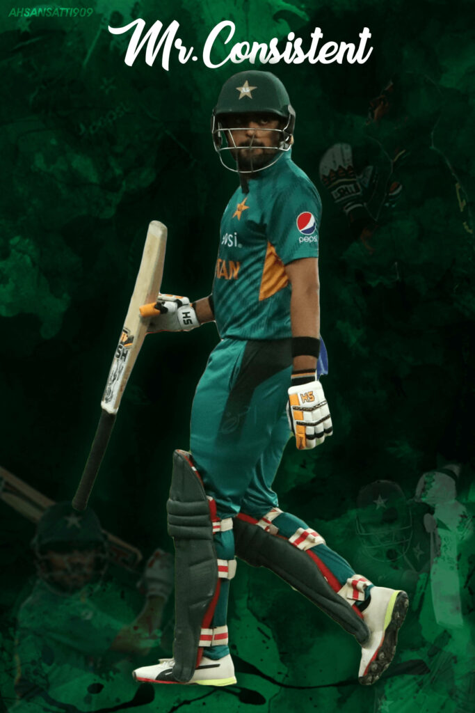 Babar Azam standing confidently on cricket field vibrant wallpaper showcasing cricket excellence