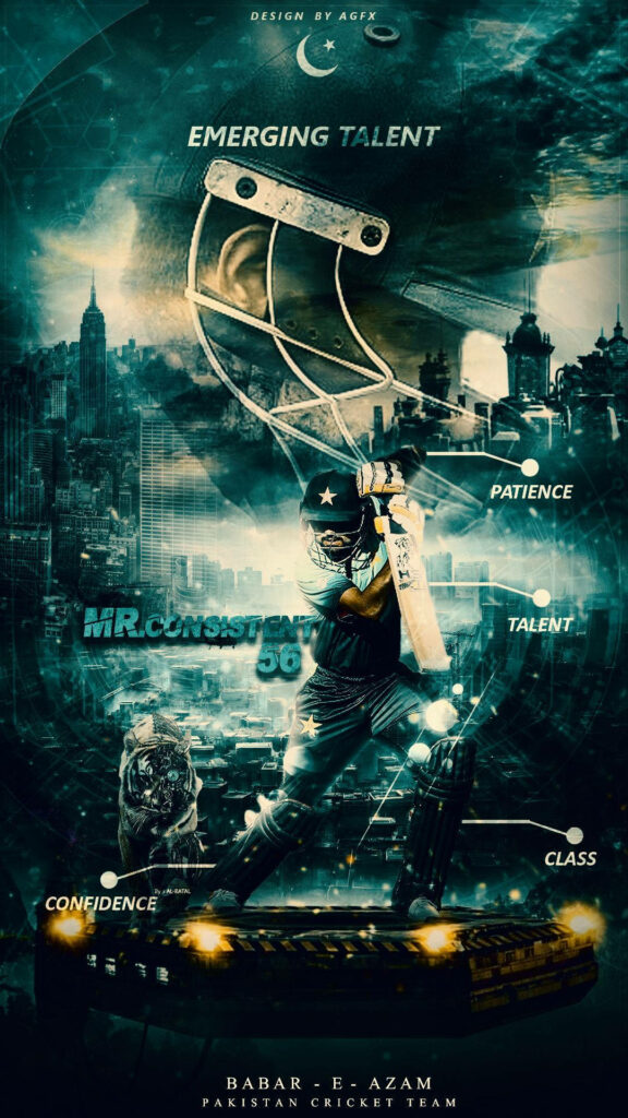 Babar Azam cricket action poster with urban backdrop highlighting Pakistan cricket star talent Wallpaper