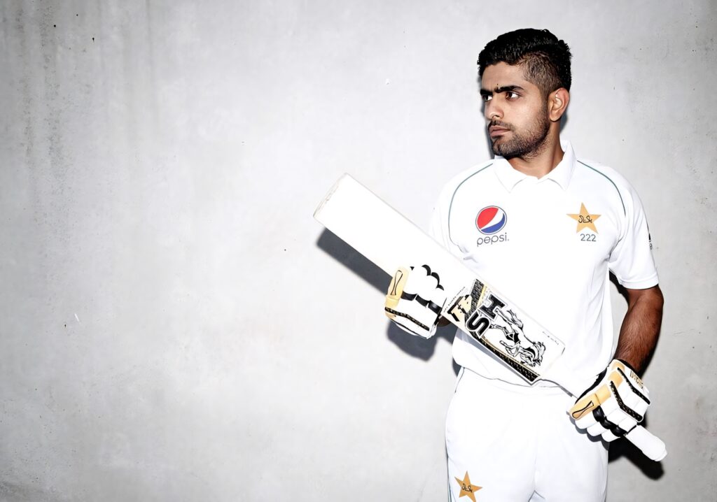 Babar Azam in Pakistan cricket uniform holding bat with focus confident pose plain background Wallpaper
