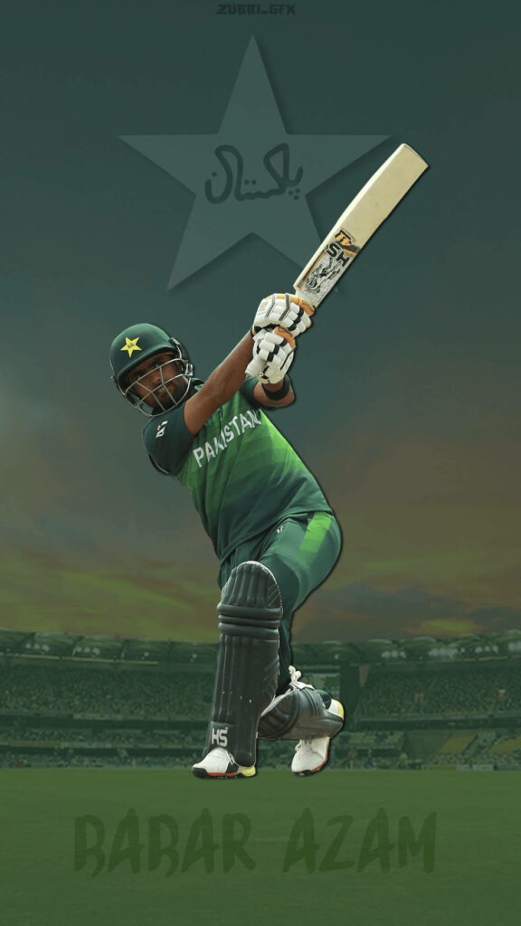 Babar Azam playing a powerful cricket shot in Pakistan national jersey with stadium backdrop wallpaper