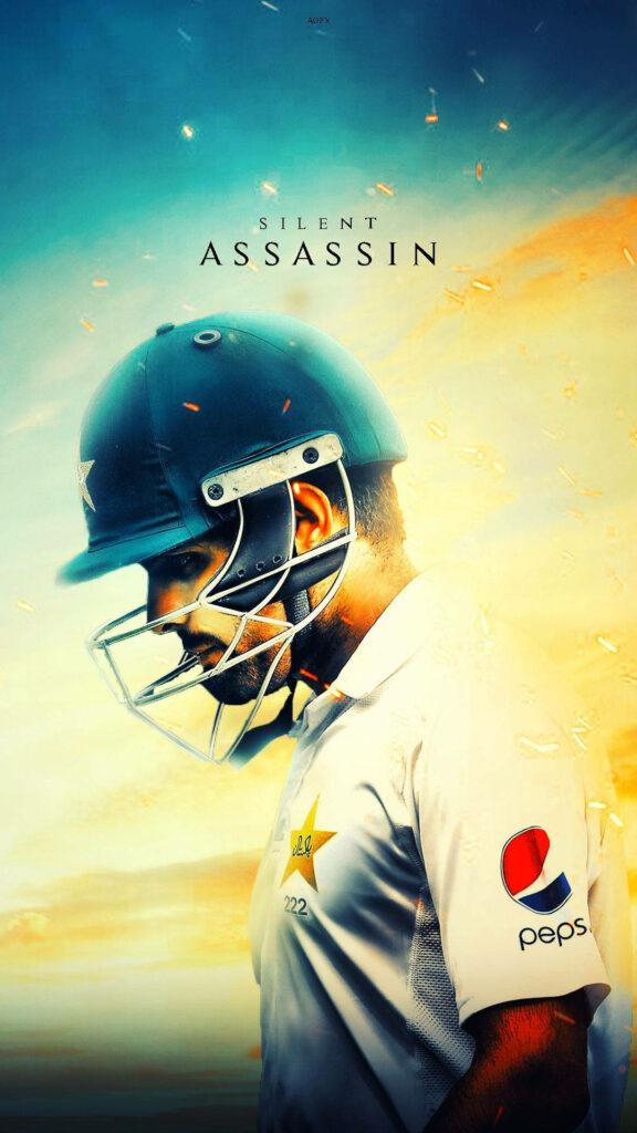 Babar Azam in cricket gear focused under golden sky Silent Assassin wallpaper background