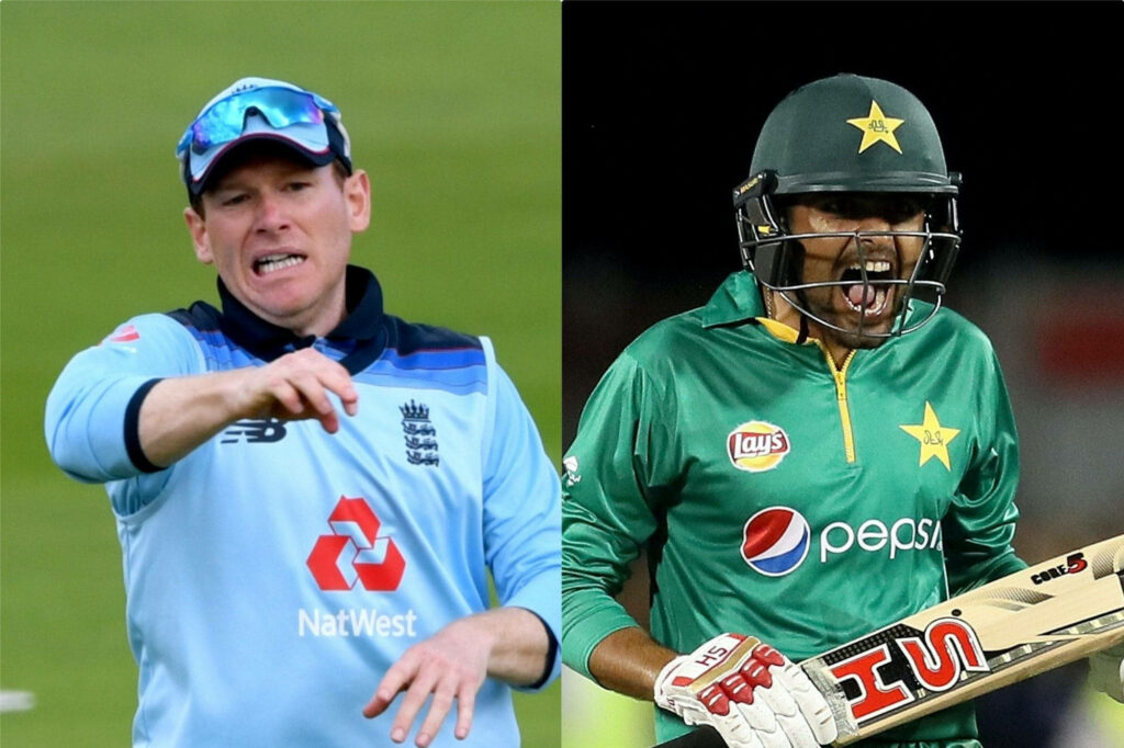 Babar Azam and Eoin Morgan in action wallpaper highlighting intense international cricket rivalry