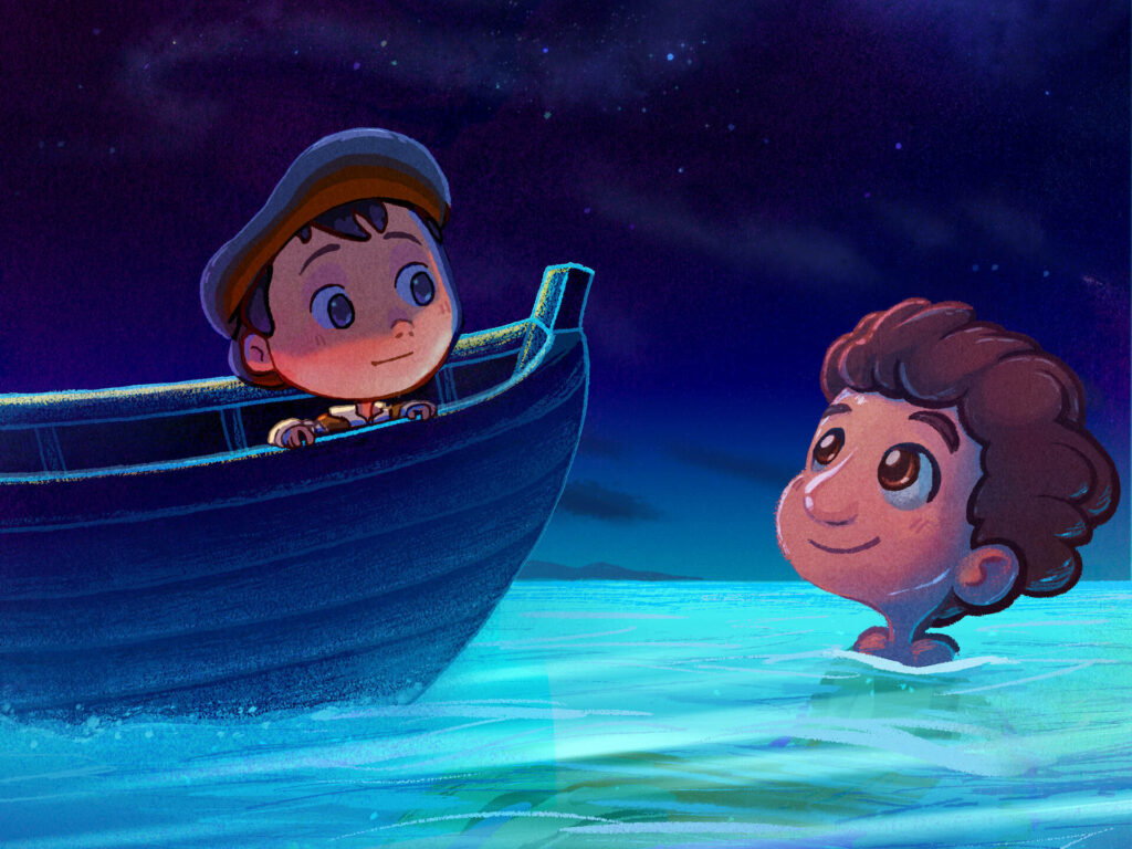 Under the Starry Seas: A Captivating Pixar Luca Background Featuring an Adventurous Baby and Luca's Underwater Journey Wallpaper