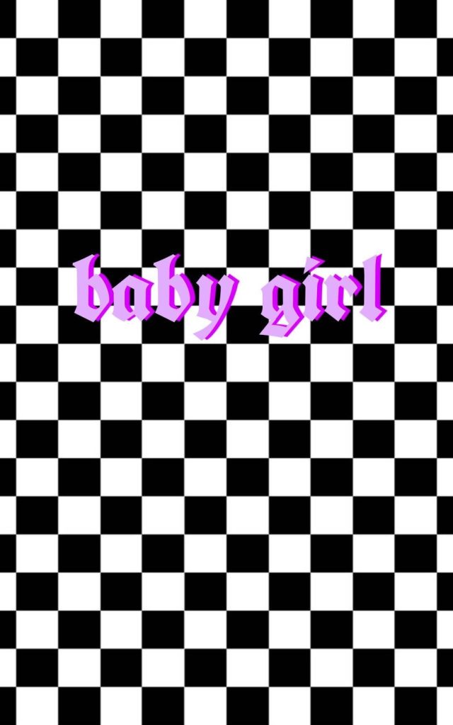 Edgy Y2K wallpaper with purple gothic baby girl text on black and white checkerboard background