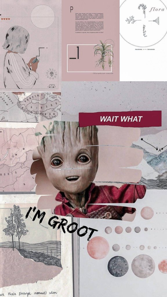 Baby Groot collage with vintage maps botanical art lunar phases and playful typography wallpaper
