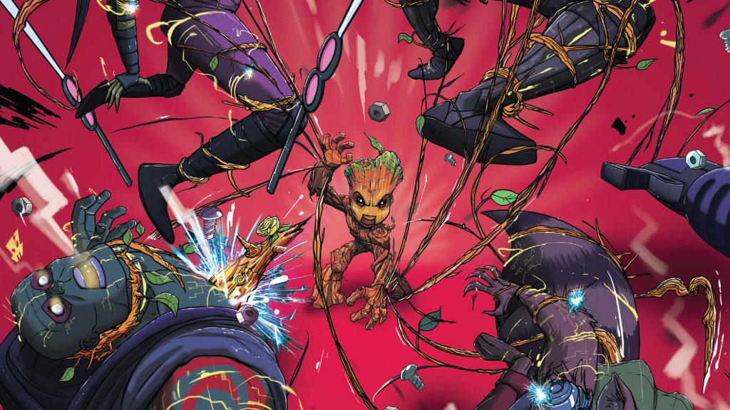 Baby Groot battles robots using wooden vines in vibrant red Marvel comic wallpaper background