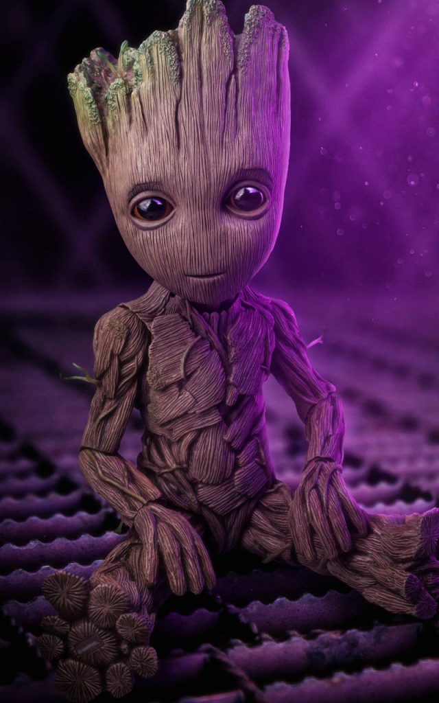 Baby Groot digital art wallpaper purple lighting detailed wood texture dark metallic surface