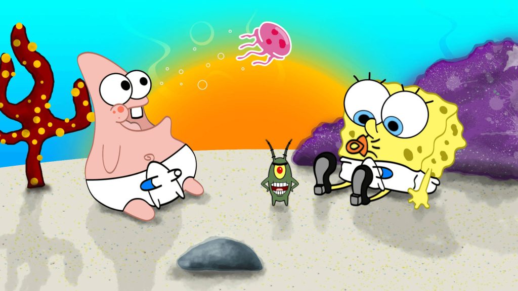 Cute digital wallpaper of baby Patrick Star baby SpongeBob and Plankton in colorful underwater scene