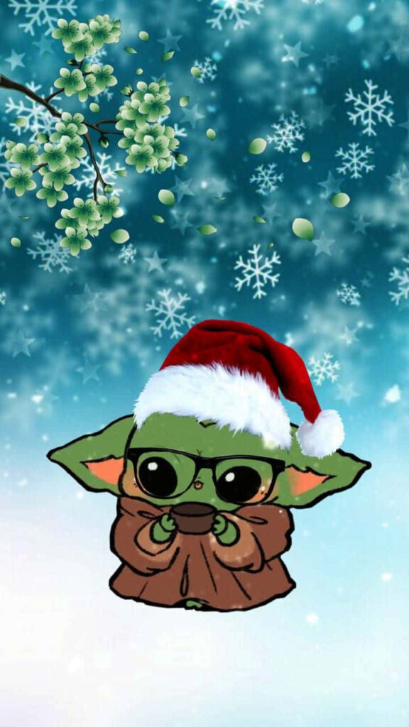 Baby Yoda in Santa Hat: Festive Wallpaper with Snowflakes