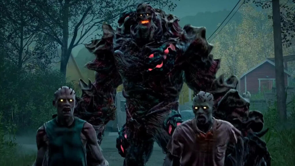 Back 4 Blood Breaker wallpaper showing monstrous Breaker and zombie Ridden in dark eerie landscape