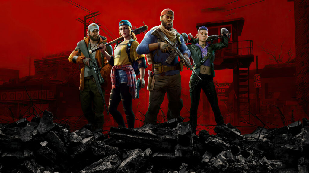 Back 4 Blood Cleaners standing armed on red post-apocalyptic wallpaper background ready for action