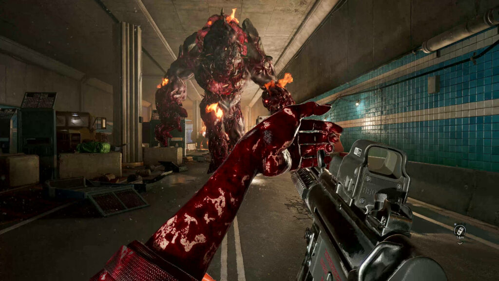 First-person view of bloodied survivor aiming gun at fiery Ogre in Back 4 Blood horror game tunnel Wallpaper