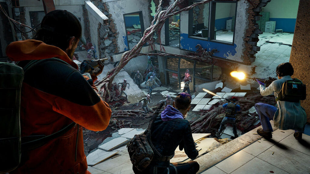 Back 4 Blood intense gunfire scene survivors fight mutated Snitch inside destroyed building wallpaper