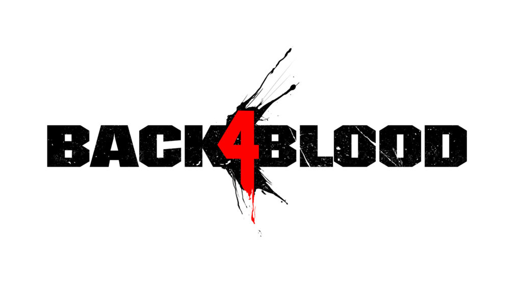 Back 4 Blood logo wallpaper with bold distressed text red number four black splatter accents white background