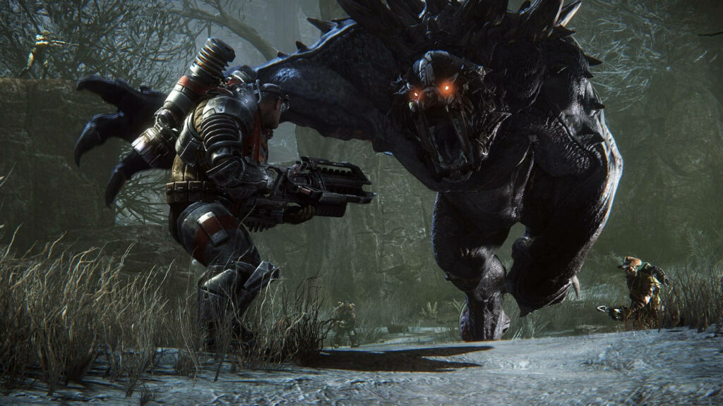 Back 4 Blood monster lunges with glowing eyes as armed survivors prepare to fight in dark forest Wallpaper