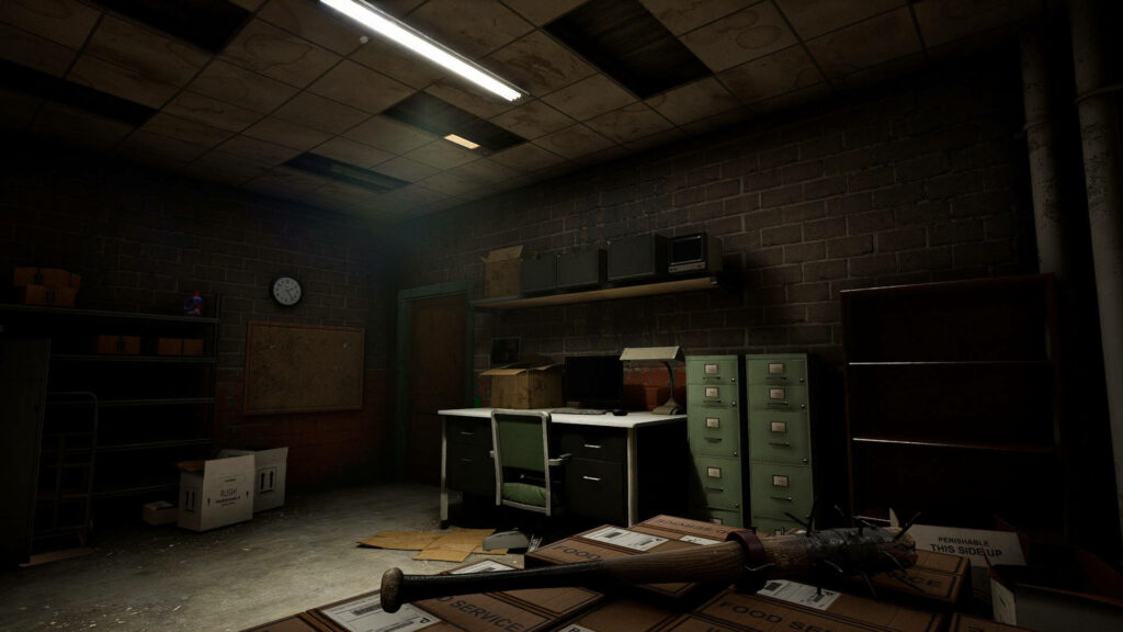 Back 4 Blood Safe Room dimly lit survivor refuge with boxes filing cabinets and worn furniture Wallpaper