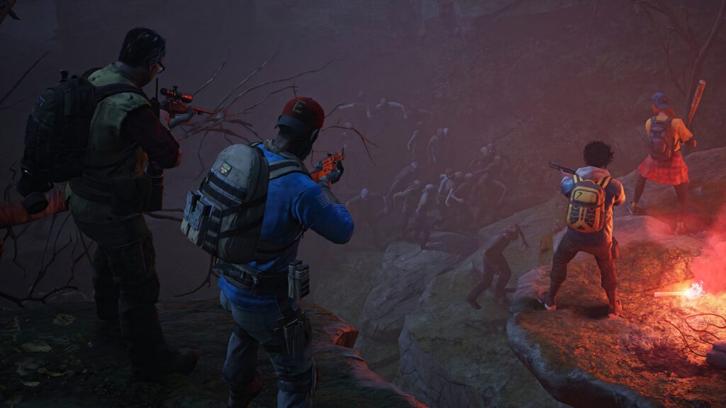 Back 4 Blood survivor team armed on foggy cliff defending against approaching zombie horde wallpaper