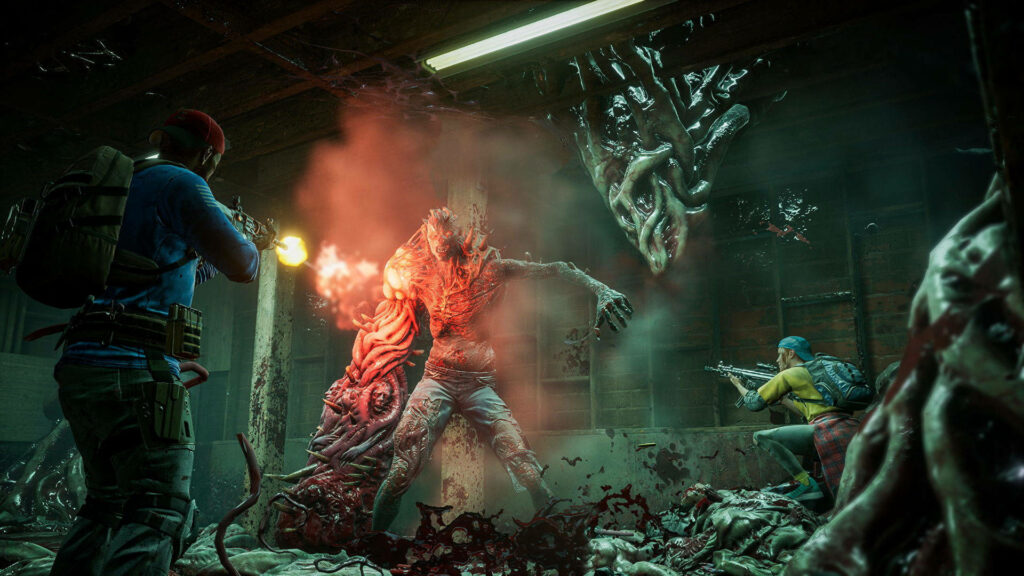 Two armed heroes face a grotesque Tallboy's Nest in dark infested Back 4 Blood game room Wallpaper