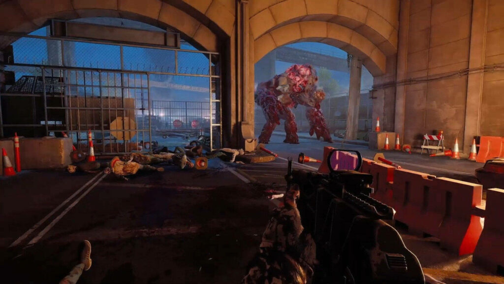 Back 4 Blood first-person view tunnel standoff with giant grotesque mutant and debris wallpaper