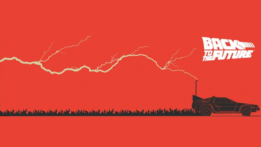 Back to the Future DeLorean lightning trail on bold red background iconic movie wallpaper