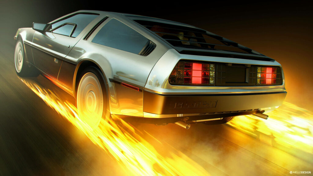 DeLorean from Back To The Future racing with glowing flames turbocharged dynamic wallpaper background